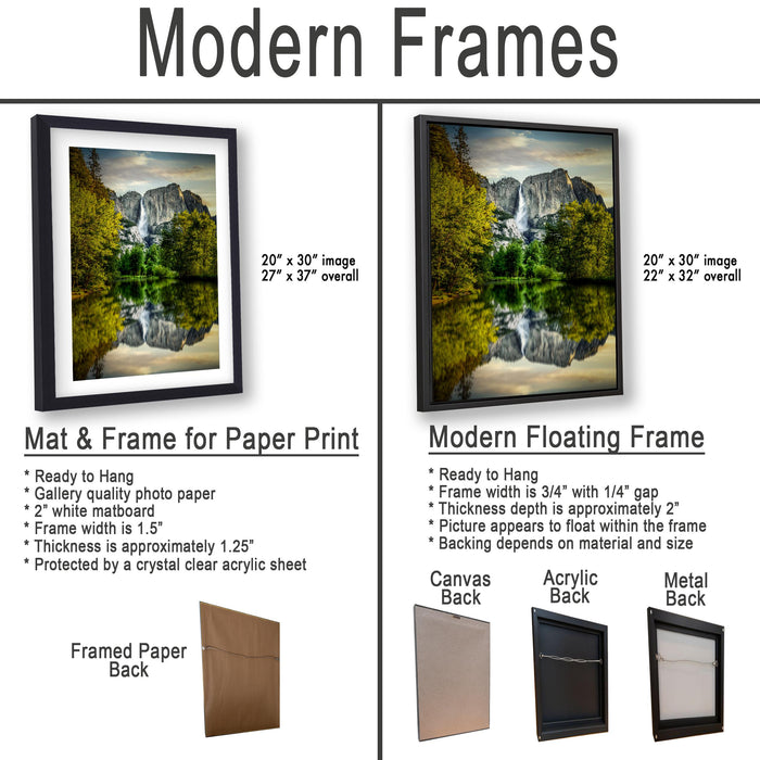 The image is a comparison of modern framed prints and modern floating frames for paper print photography. It displays two framed prints and two framed floating frames, each with different characteristics and features.