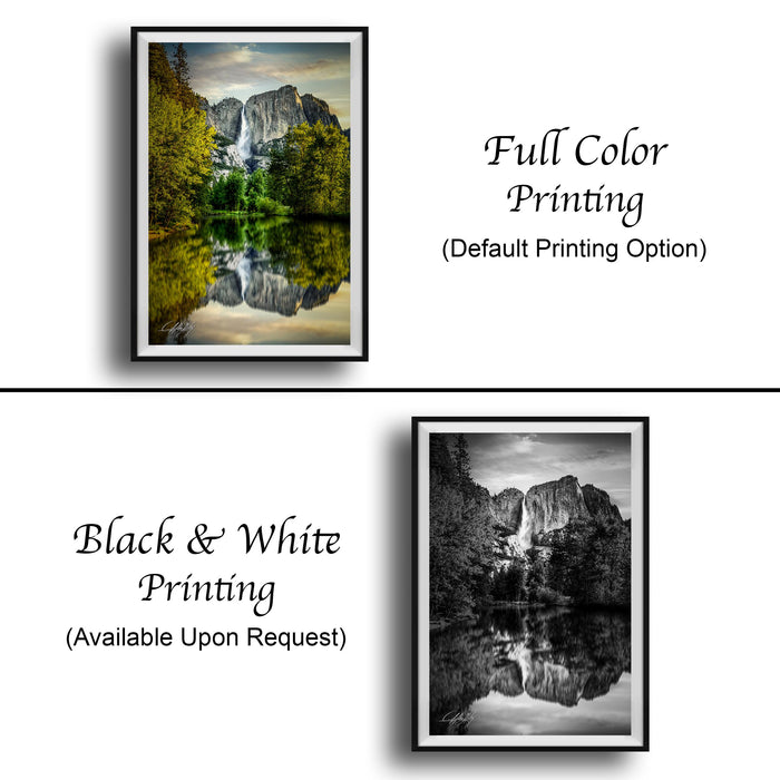 The image is a collage of two framed photographs. The top photograph is a full color print of a scenic landscape with a waterfall and trees, while the bottom photograph is a black and white print of the same landscape. Both prints are framed and available upon request.