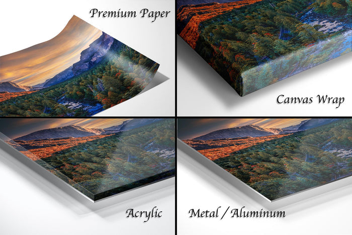 The image is a collage of four different views of a landscape, including a premium paper print, a canvas wrap, an acrylic print, and a metal/aluminum print.