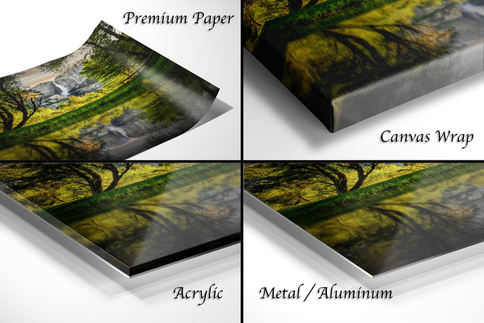 The image is a collage of four different views of a landscape photograph, including a close-up of the paper, a close-up of the canvas wrap, and a close-up of the acrylic and metal/aluminum finishes.