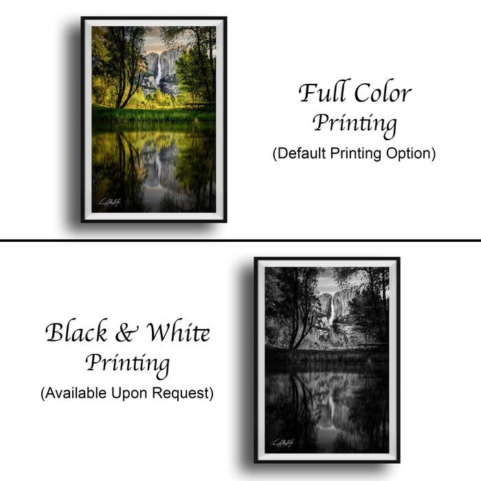 The image is a collage of two framed pictures, one in black and white and the other in full color. The black and white picture depicts a serene landscape with trees and a lake, while the full color picture shows a waterfall surrounded by lush greenery. Both pictures are framed and available upon request.