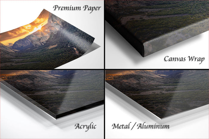 The image is a collage of four different views of a landscape, including a premium paper print, a canvas wrap, an acrylic print, and a metal/aluminum print.