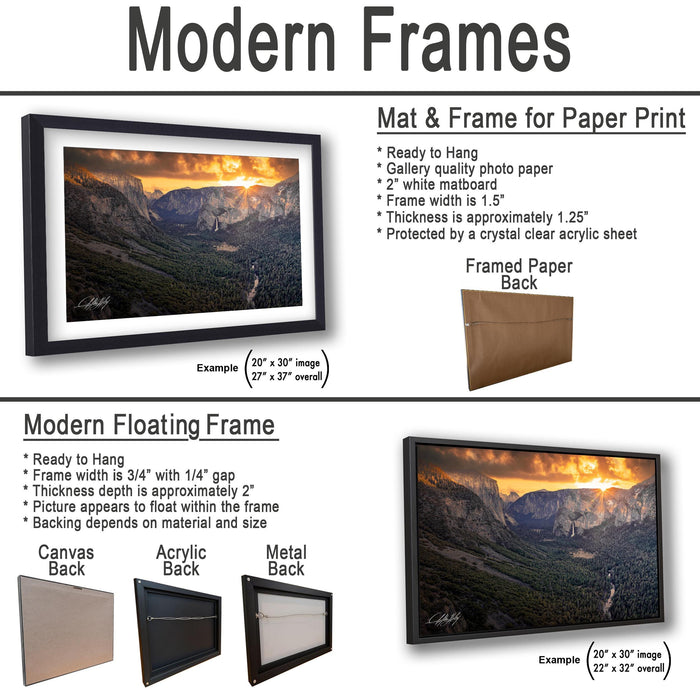 The image is a comparison of modern frames for different types of artwork, including a mat and frame for paper print, a framed paper back, and a modern floating frame.