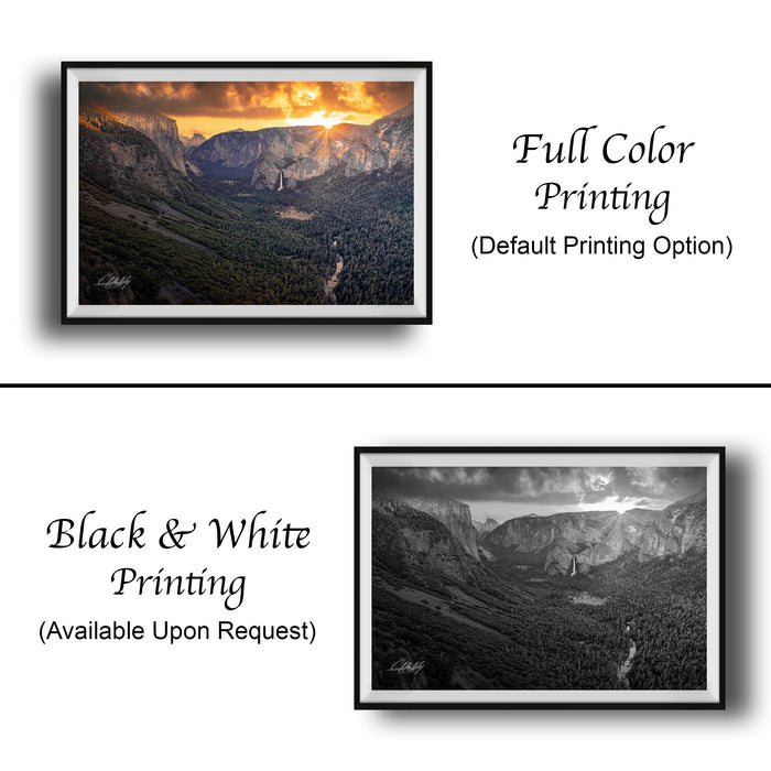The image is a collage of two framed landscape photographs. The top photograph is a full color print, while the bottom photograph is a black and white print. Both images depict the same mountainous landscape, with the top photograph in full color and the bottom photograph in black and white.