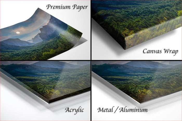 The image is a collage of four different images, each depicting a landscape scene. The images are labeled as "Premium Paper", "Canvas Wrap", "Acrylic", and "Metal/Aluminum".