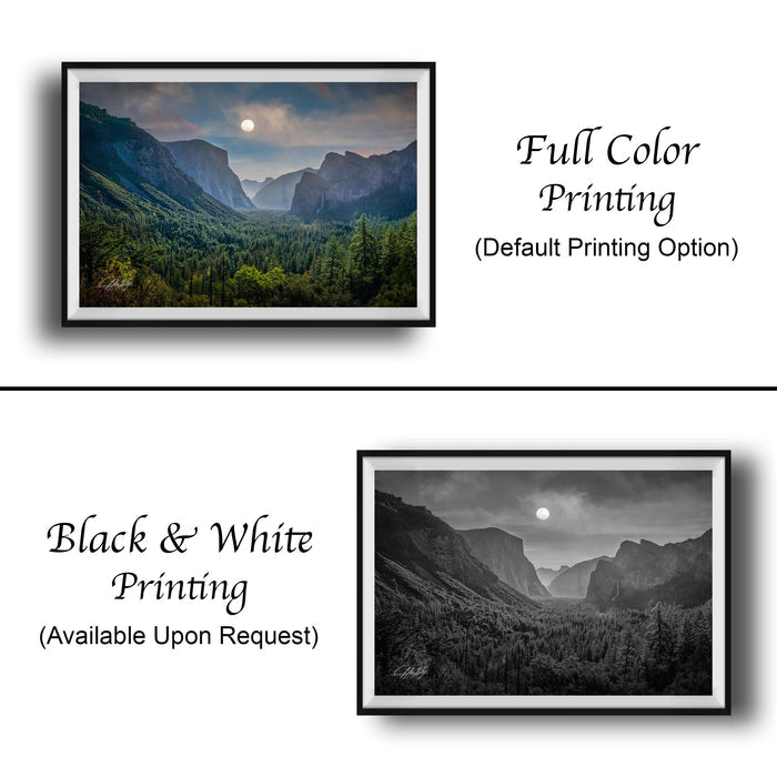 The image is a collage of two framed landscape photographs. The top photograph is a full color print of a mountainous, forested valley, while the bottom photograph is a black and white print of the same valley. Both images are framed and ready for display.