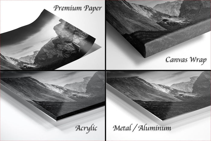 The image is a collage of four different pictures, each depicting a mountainous landscape. The images are labeled as "Premium Paper", "Canvas Wrap", "Acrylic", and "Metal/Aluminum".