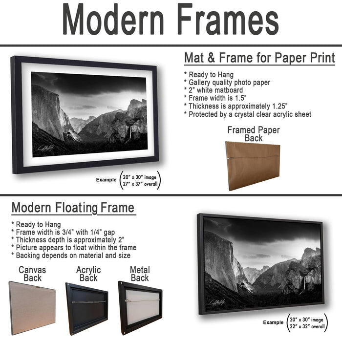 The image is a collage of various framed artworks, including a mat and frame for a paper print, a modern floating frame, and a framed paper back.