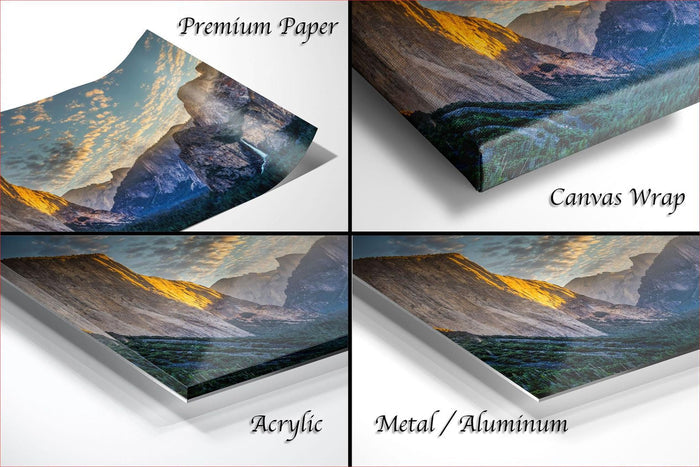 The image is a collage of four different images, each depicting a mountainous landscape. The images are labeled as "Premium Paper", "Canvas Wrap", "Acrylic", and "Metal/Aluminum".