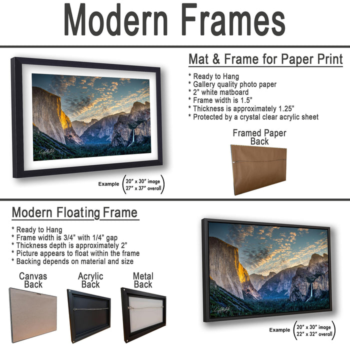 The image is a comparison of modern frames and floating frames for displaying pictures. It features two framed pictures, one with a mat and frame and the other with a modern floating frame, both showcasing the same landscape photograph.