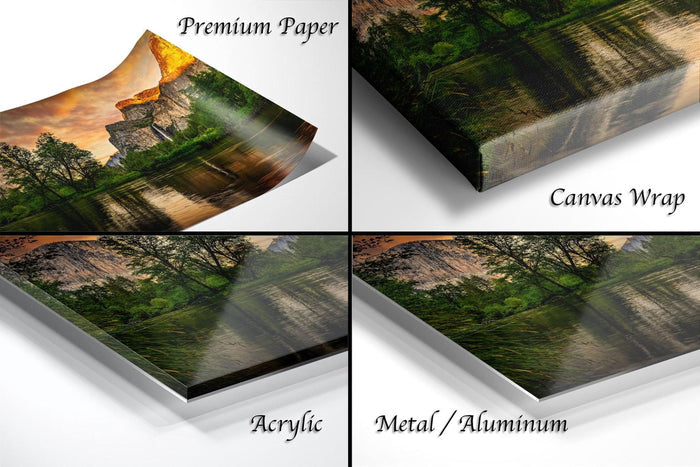 The image is a collage of four different views of a landscape, including a premium paper print, a canvas wrap, an acrylic print, and a metal/aluminum print.