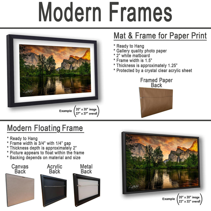 The image is a collage of three framed artworks, each depicting a different landscape scene. The first artwork is a mat and frame for a paper print, the second is a modern floating frame, and the third is a framed paper back.