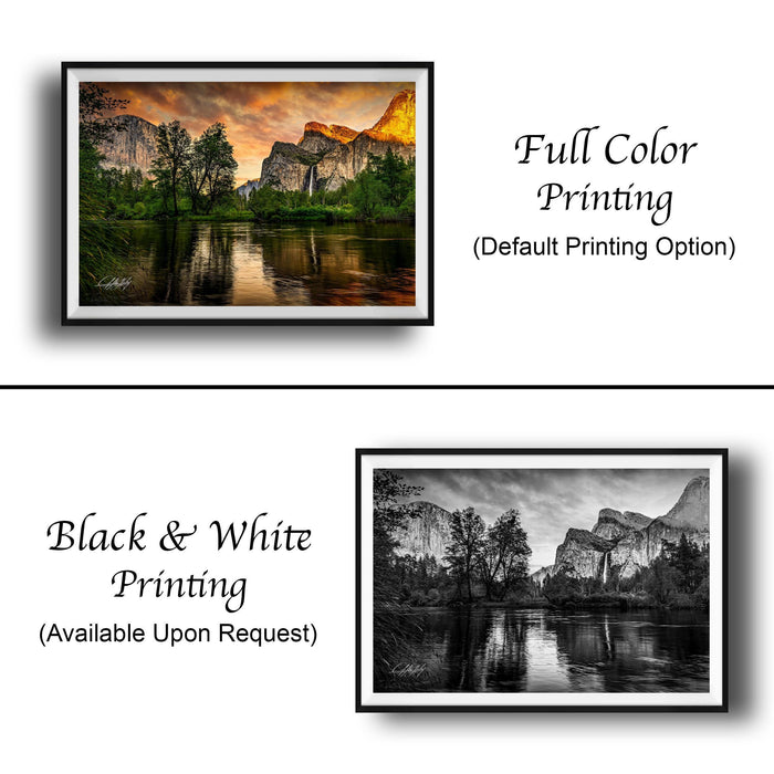 The image is a collage of two framed landscape photographs. The top photograph is a full color print, while the bottom photograph is a black and white print. Both images depict a scenic landscape with mountains and a lake. The top photograph has a vibrant color palette, with warm hues of orange and yellow reflecting on the water, while the bottom photograph has a more monochromatic appearance, with the black and white tones emphasizing the contrast between the mountains and the lake.