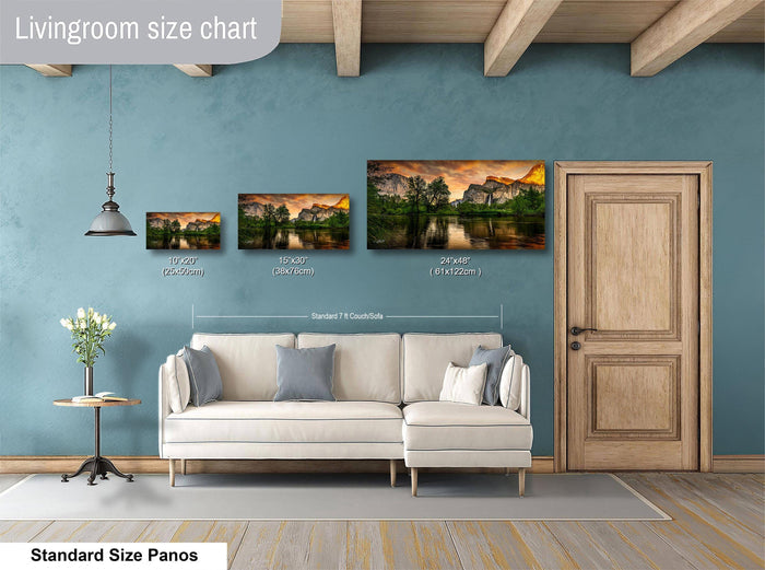 The image is a livingroom size chart that shows the dimensions of three different paintings hanging on the wall.